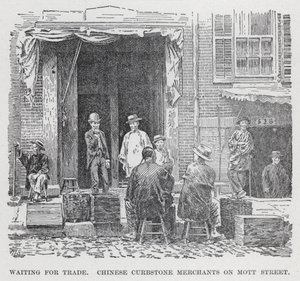 Venter på handel, kinesiske kantstenshandlere på Mott Street (litho) af American School