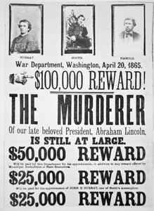 Washington War Department plakat, der annoncerer en belønning på 000 for at finde morderen af Abraham Lincoln (1809-65) 20. april 1865 (litho) af American School