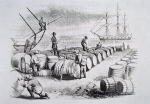 Hvalfangere, der måler olie i tønder, fra The American Whale Fishery, ca. 1850 (gravering) af American School