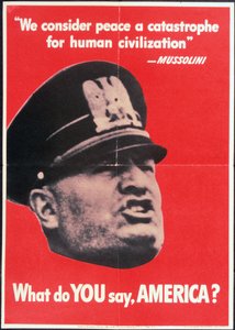 "Hvad siger DU AMERICA?", US 2. Verdenskrigs plakat med ansigtet af Mussolini, Anon, ca. 1942 af American School