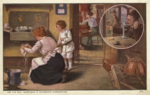 Kvinde ringer til en blikkenslager (farve litho) af American School