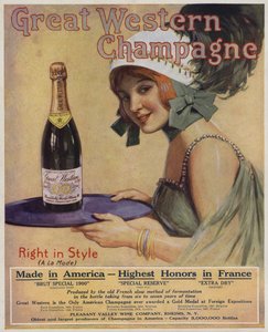 Ung kvinde med en flaske champagne, reklame for Great Western Champagne (farvelitografi) af American School