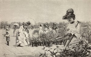 Kvinder, der går i Brera, Milano, Italien, gravering fra maleriet Maggio (maj) af Amerino Cagnoni (1853-1923), fra L