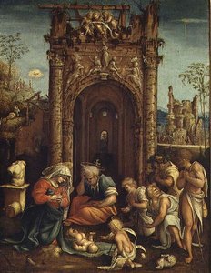 Tilbedelse af hyrderne, ca. 1530 (olie på panel) af Amico Aspertini
