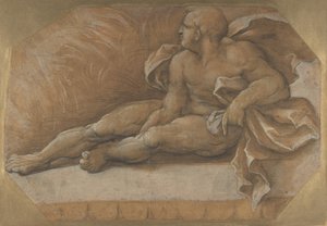 Nøgen mandsfigur siddende på jorden, ca. 1535-40.