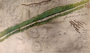 Topografisk kort over slagmarken ved Little Big Horn (kul og blæk på papir)