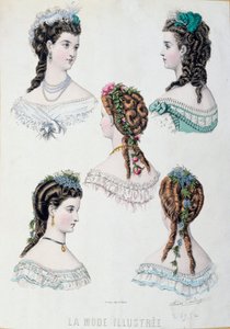 Fem frisurer af kvinder Plate taget fra "La mode illustree"" af Anais Coutwelve