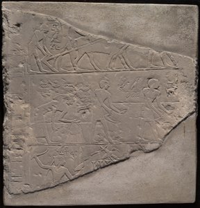 Fragment af en stele, der viser pløjning, høst og fåreavl
