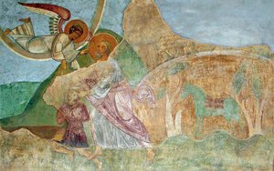 Abraham ofrer Isak af Ancient Russian frescos