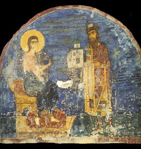 Storprins Yaroslav II Vsevolodovich med model af Nereditsa-kirken før Kristus, 12. århundrede