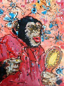 En chimpanse, der tager læbestift på af Anda Bieza