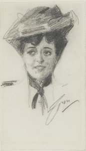 Hoved af en ung kvinde iført hat af Anders Leonard Zorn