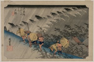 Driving Rain på Shono Station 46 fra serien Fifty-Three Stations of the Tokaido, 1833. af Ando Hiroshige
