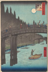 Fuldmåne over kanalen, med bro og enorme stakke af bambus langs bredden, ca. 1857., ca. 1857. af Ando Hiroshige