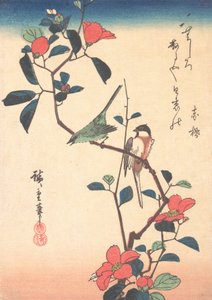 Japansk hvidøje og mejse på en kameliagren, ca. 1840., ca. 1840. af Ando Hiroshige
