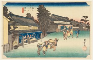Narumi, et sted, der er berømt for sit stof, på de treoghalvtreds stationer på Tokaido Road (Tokaido Gojusan Tsugi-no Uchi) af Ando Hiroshige