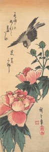 Spurv og Hibiscus, ca. 1834., ca. 1834. af Ando Hiroshige