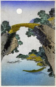 Geografi. Japan. Broen. Træsnit af Hiroshige i: Fifty Three Stations of the Tokaido (1833-1834). Postkort, Japan, ca. 1900 (postkort)