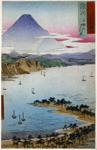Geografi. Japan. Fuji-bjerget. Træsnit af Hiroshige i: Treoghalvtreds stationer på Tokaido (1833-1834). Postkort, Japan, ca. 1900 (postkort)