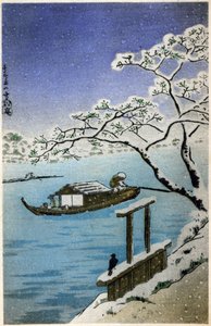 Geografi. Japan. Flod om vinteren. Træsnit af Hiroshige i: Fifty Three Stations of the Tokaido (1833-1834). Postkort, Japan, ca. 1900 (postkort)