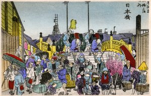 Geografi. Japan. Morgenlyset ved Nihonbashi (1. station). Træsnit af Hiroshige i: Fifty Three Stations of the Tokaido (1833-1834). Postkort, Japan, ca. 1900 (postkort)