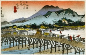 Geografi. Morgengryet ved Nihonbashi (55. station). Træsnit af Hiroshige i: Treoghalvtreds stationer på Tokaido (1833-1834). Postkort, Japan, ca. 1900 (postkort)