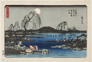 At fange sød fisk i Tama-floden under efterårsmånen (Tamagawa aki no tsuki ayugari no zu) (træblok i farver) af Ando or Utagawa Hiroshige