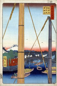 ""Hundrede berømte udsigter over Edo""(nu Tokyo): Inari-broen og Minato-templet i Teppozu. Udsigt over byen Tokyo i Japan med Mount Fuji i baggrunden. (Havnehelligdommen og Inari-broen ved Teppozu (Hundrede berømte udsigter over Edo). Japan print af Ando or Utagawa Hiroshige