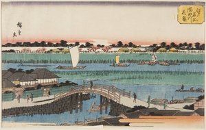 Kirsebærblomster i fuld blomst langs Sumida-floden (Sumidagawa hanazakari) (træblok i farver) af Ando or Utagawa Hiroshige