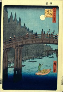 Japansk træbloktryk: The Bamboo Wharf ved Kyobashi Bridge (Tokyo, Japan). Serie hundrede berømte udsigter over Edo. (Bambuskajen ved Kyobashi-broen, hundrede berømte udsigter over Edo). Værk af Utagawa Hiroshige (1797-1858), træsnit (39x26 cm) af Ando or Utagawa Hiroshige