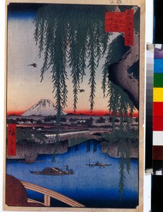 Japansk tryk: Udsigt over Yatsumi-broen (Tokyo, Japan). Serie hundrede berømte udsigter over Edo. (Udsigt over Yatsumi-broen, hundrede berømte udsigter over Edo). Værk af Utagawa Hiroshige (1797-1858), træsnit (37x24 cm) af Ando or Utagawa Hiroshige