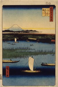 Farvel Channels At Mitsumata (farvet træbloktryk) af Ando or Utagawa Hiroshige