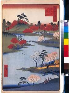 Le jardin du temple Hachiman a Fukagawa (cent vues celebres de Edo) - Oeuvre de Utagawa Hiroshige (1797-1858), estampe japonaise, vers 1858 - (Åben have ved Hachiman-helligdommen i Fukagawa (Hundrede berømte farveudsigter over Edo), træsnit af Hiroshige, c af Ando or Utagawa Hiroshige