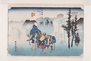 Mishima: Morning Mist (Mishima, asagiri) (træbloktryk i farver) af Ando or Utagawa Hiroshige