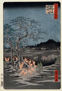 Nytårsaften rævebrande ved nældetræet, Oji, fra serien, "One Hundred Famous Views of Edo af Ando or Utagawa Hiroshige