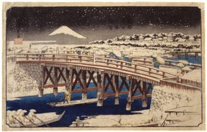 Nihonbashi In The Snow (træbloktryk i farver) af Ando or Utagawa Hiroshige