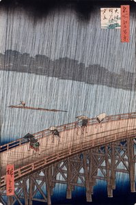 Ohashi, Sudden Shower at Atake, fra serien "One Hundred Views of Famous Places in Edo" af Ando or Utagawa Hiroshige