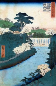 Hundrede berømte udsigter over Edo: dæmningen af Otonashioji-floden. Japansk tryk af Utagawa Hiroshige (1797-1858) 1800-tallet. Privat samling. af Ando or Utagawa Hiroshige