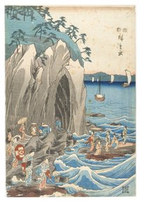 Pilgrimsrejse til udstillingen af Benzaiten-statuen i hovedhelligdommen i Iwaya ved Enoshima i provinsen Sagami, ca. 1847-1852 (træbloktryk på papir) af Ando or Utagawa Hiroshige
