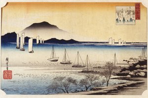 Returnering af sejl ved Yabase (farvet træbloktryk) af Ando or Utagawa Hiroshige