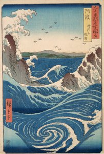 Rough Seas at the Whirlpools of Awa, from Views of Famous Places in the Sixty-Odd Provinces, pub.1855 (farve-træsnit)