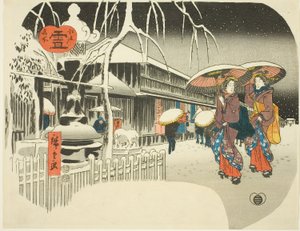 Snow (Yuki), fra serien "Famous Places of Edo, ca. 1849-52 (farvet træbloktryk; uchiwa-e) af Ando or Utagawa Hiroshige