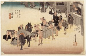 Station 23, Fujieda (træblok i farver, kuglepen, blæk, blyant) af Ando or Utagawa Hiroshige