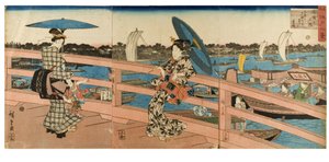Sunset Glow at Ryogoku Bridge fra serien Eight Views of Famous Places in Edo, ca. 1843-1847 (træblok på papir) af Ando or Utagawa Hiroshige