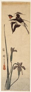 Swallows And Iris (farvet træbloktryk) af Ando or Utagawa Hiroshige