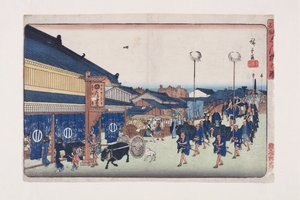 Udsigt over Shinbashi (billede af Shinbashi) af Ando or Utagawa Hiroshige
