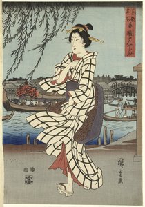 Woman Walking on a Riverbank, pub.C1848 (træblok i farver) af Ando or Utagawa Hiroshige