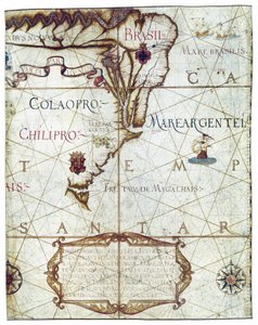 Kort over Sydamerika, i Universa og Navigabilis Totius Terrarum Orbis Descriptio 1559 (farvemanuskript) af André Homem