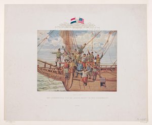 Henry Hudsons skib, Halve Maen, nærmer sig den nordamerikanske kyst, 1609 Land i sigte! Halve Maens skibsfolk på stævnen (titel på objekt) af André Vlaanderen