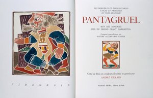 Titelsiden af "Les horribles et espouvantables faictz et prouesses du tres renomme Pantagruel, Roy des Dipsodes, fils du grand geant Gargantua. Compose nouvellement par Maitre Alcofybras Nasier